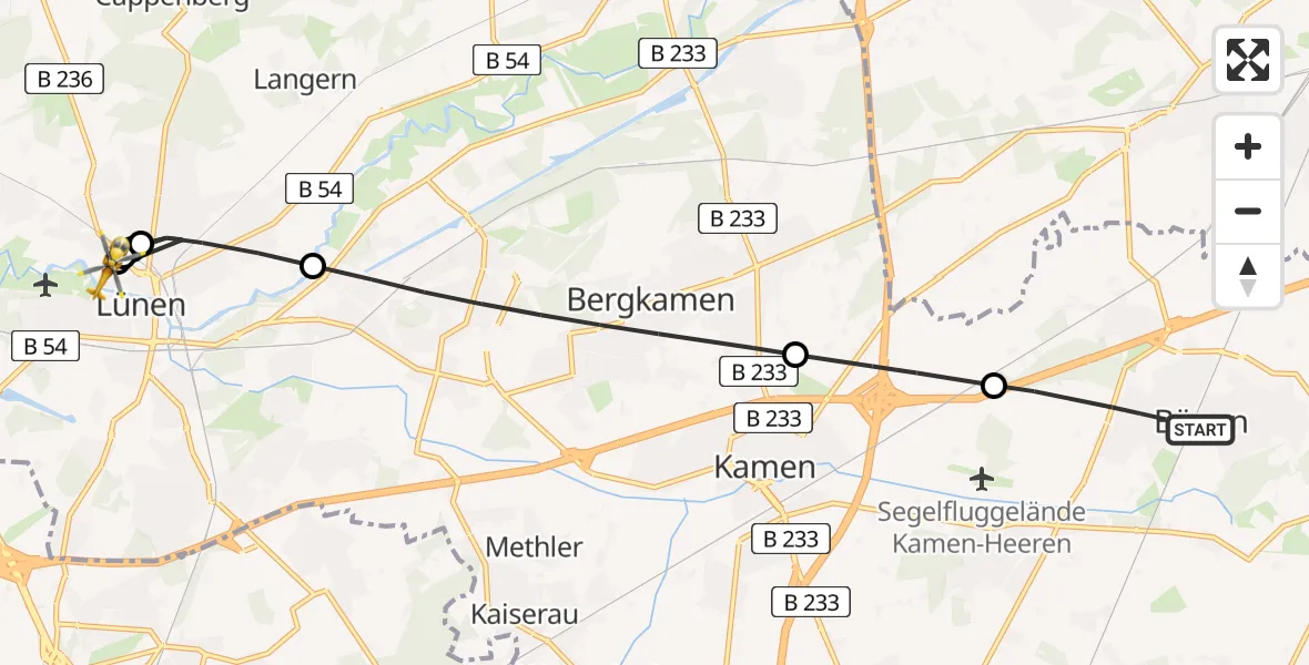 Flugroute Rettungshubschrauber Bönen - Sankt Marien Hospital, 08 Juni 2026, 10:19