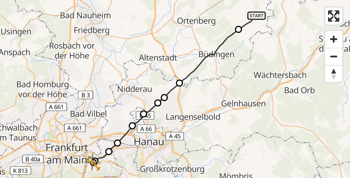 Flugroute Rettungshubschrauber Kefenrod - Sana Hospital Offenbach, 08 Juni 2026, 10:20