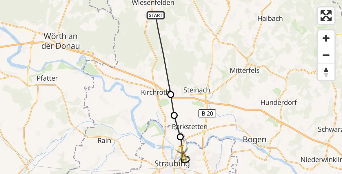 Flugroute Rettungshubschrauber Wiesenfelden - Straubing, 08 Juni 2026, 10:23
