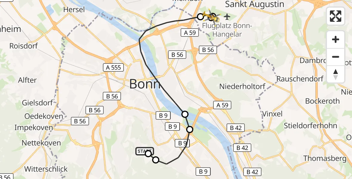 Flugroute Rettungshubschrauber Bonn University Hospital - Sankt Augustin, 08 Juni 2026, 10:27