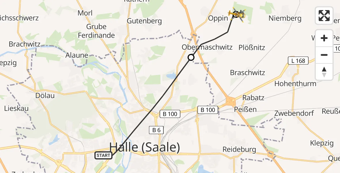 Flugroute Rettungshubschrauber Halle (Saale) - Halle-Oppin Flugplatz, 08 Juni 2026, 10:32