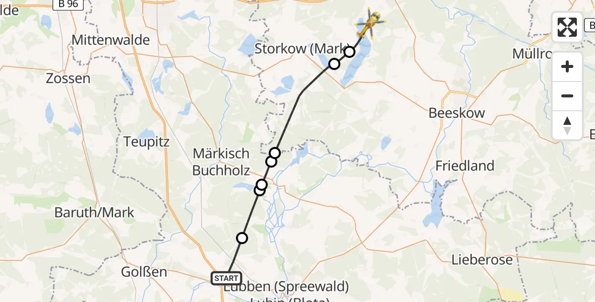 Flugroute Rettungshubschrauber Schönwald - Bad Saarow Hospital Hubschrauberlandeplatz, 08 Juni 2026, 10:36