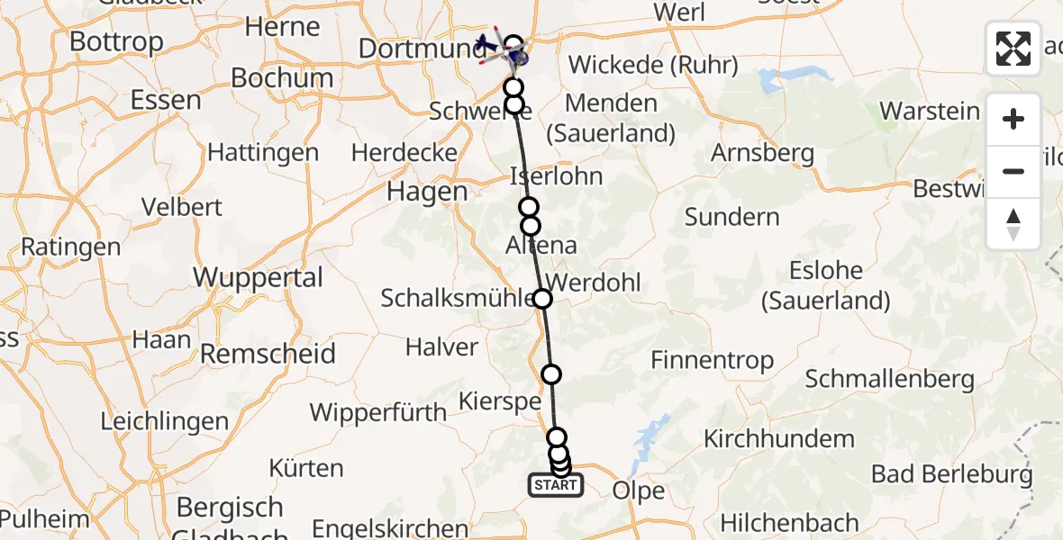 Flugroute Polizeihubschrauber Bergneustadt - Dortmund Flughafen, 08 Juni 2026, 10:42