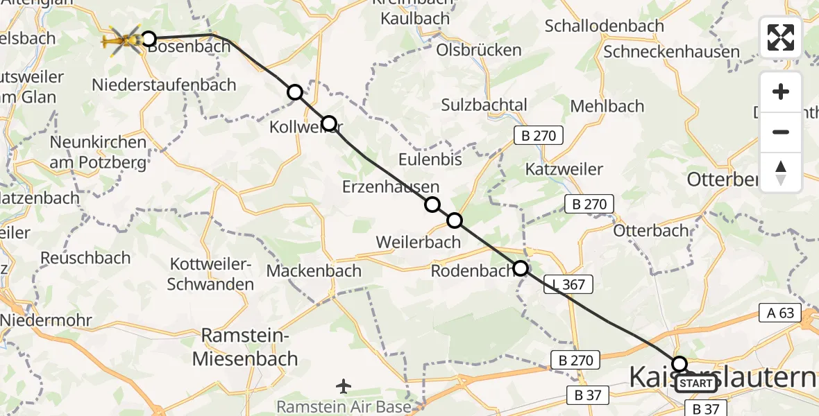 Flugroute Rettungshubschrauber Westpfalz Hospital Kaiserslautern - Bosenbach, 08 Juni 2026, 10:43