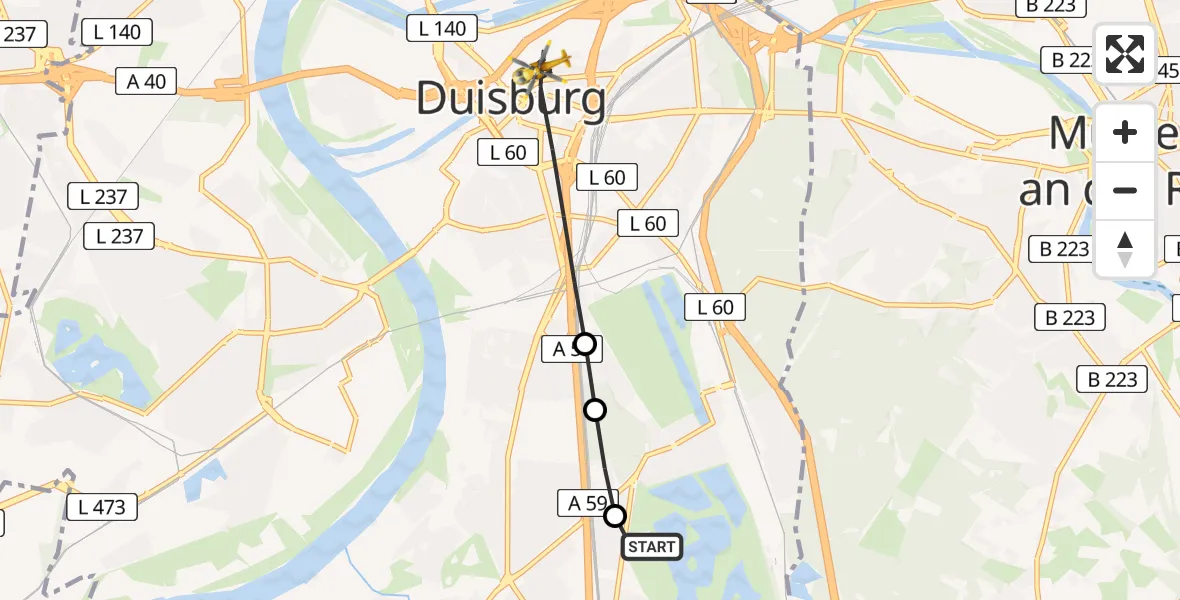 Flugroute Rettungshubschrauber Duisburg Air Rescue Hubschrauberlandeplatz (Christoph 9) - Duisburg, 08 Juni 2026, 10:45