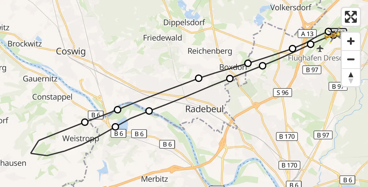 Flugroute Rettungshubschrauber Dresden Bundespolizei Hubschrauberlandeplatz - Dresden Bundespolizei Hubschrauberlandeplatz, 08 Juni 2026, 10:46