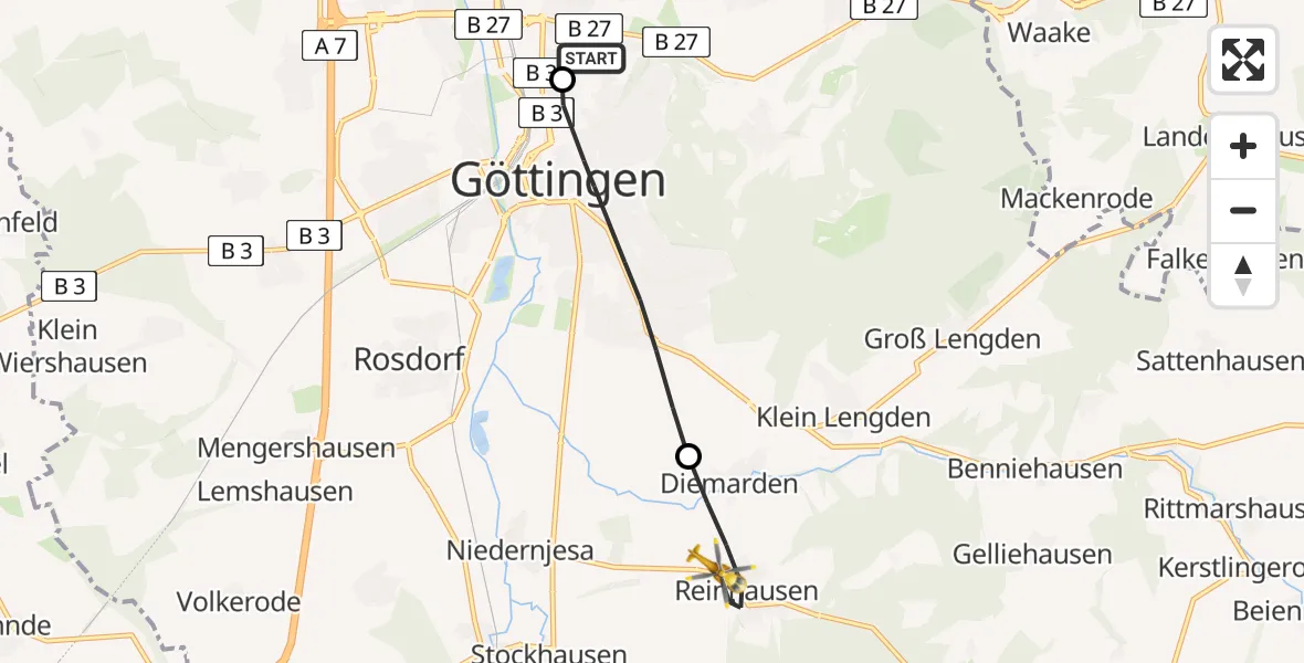 Flugroute Rettungshubschrauber Göttingen University Clinic Hubschrauberlandeplatz - Gleichen, 08 Juni 2026, 10:51