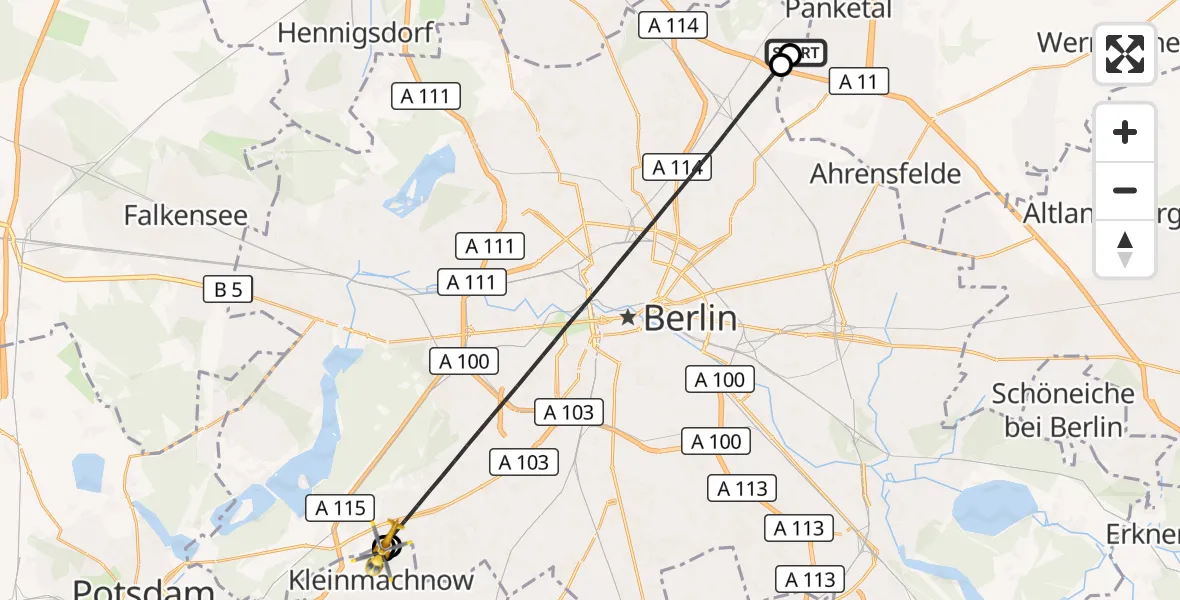 Flugroute Rettungshubschrauber Helios Clinic Berlin-Buch - Kleinmachnow, 08 Juni 2026, 10:52