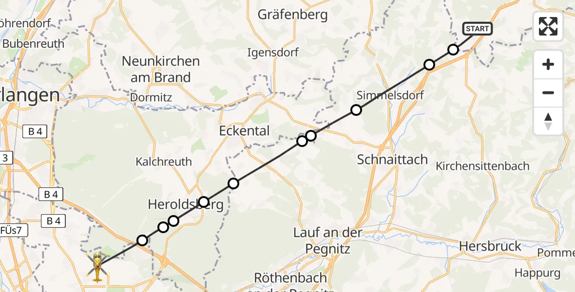 Flugroute Ambulanzhubschrauber Betzenstein - Flughafen Nuremberg, 08 Juni 2026, 10:52