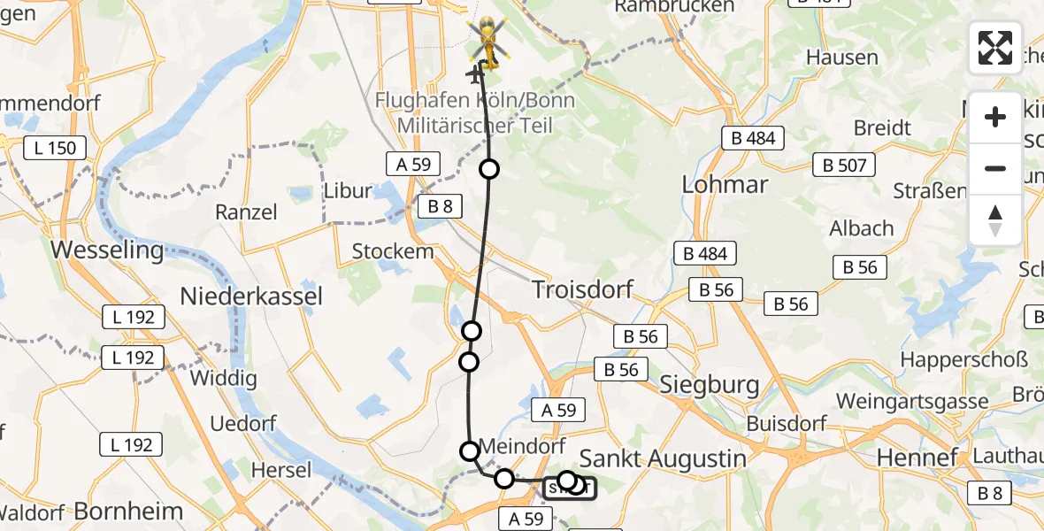 Flugroute Rettungshubschrauber Sankt Augustin - Köln Bonn Flughafen, 08 Juni 2026, 10:53