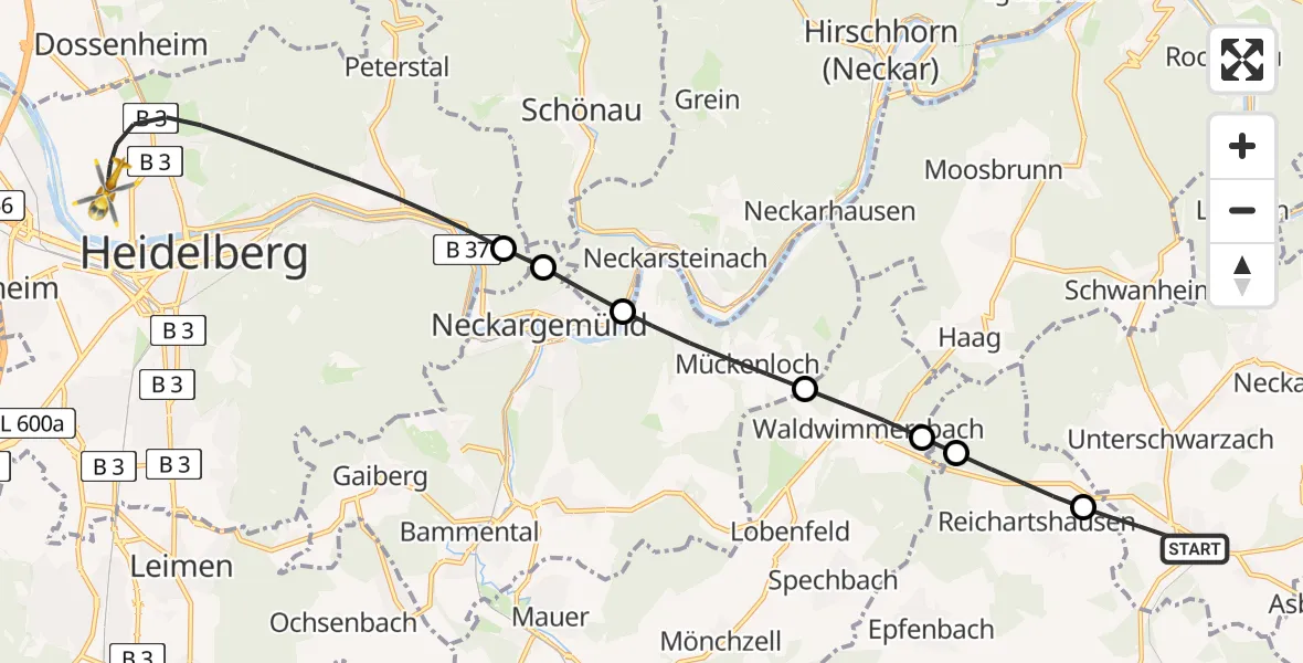 Flugroute Rettungshubschrauber Aglasterhausen - Heidelberg, 08 Juni 2026, 10:54