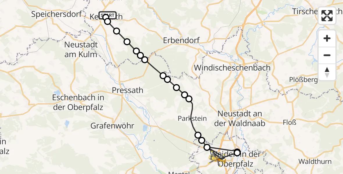 Flugroute Rettungshubschrauber Kemnath - Weiden i.d.OPf., 08 Juni 2026, 11:02