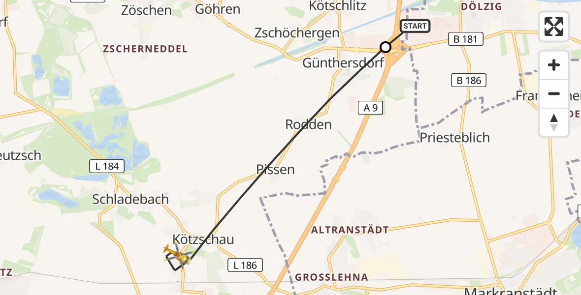 Flugroute Rettungshubschrauber ADAC Air Rescue Station Leipzig/Schkeuditz-Dölzig Hubschrauberlandeplatz (Christoph 61) - Leuna, 08 Juni 2026, 11:04
