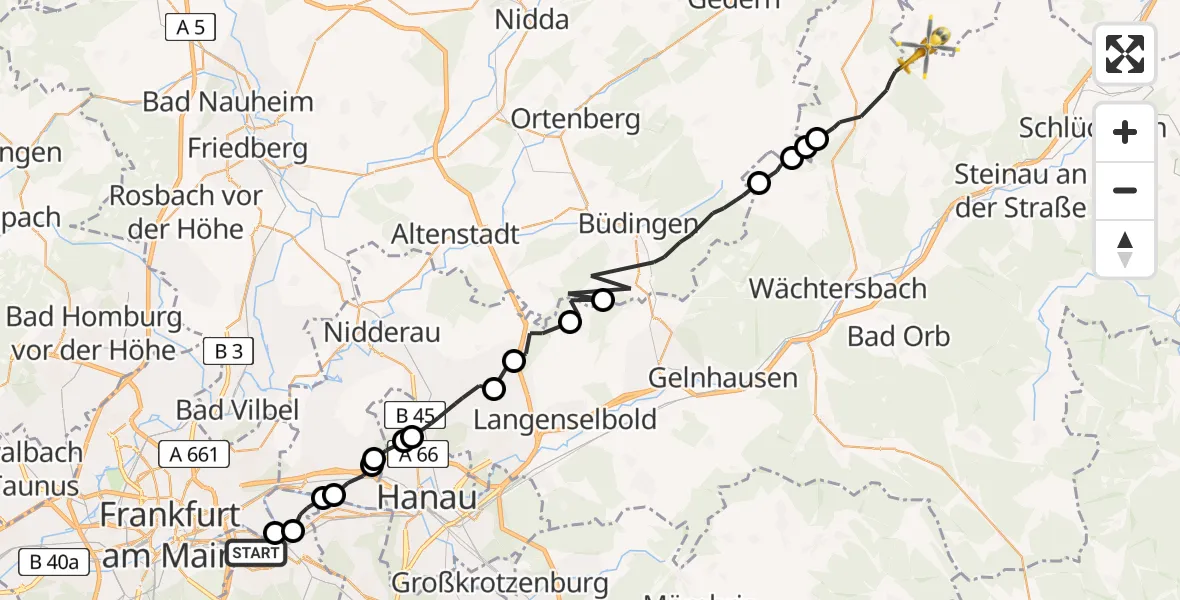 Flugroute Rettungshubschrauber Offenbach am Main - Steinau an der Straße, 08 Juni 2026, 11:04
