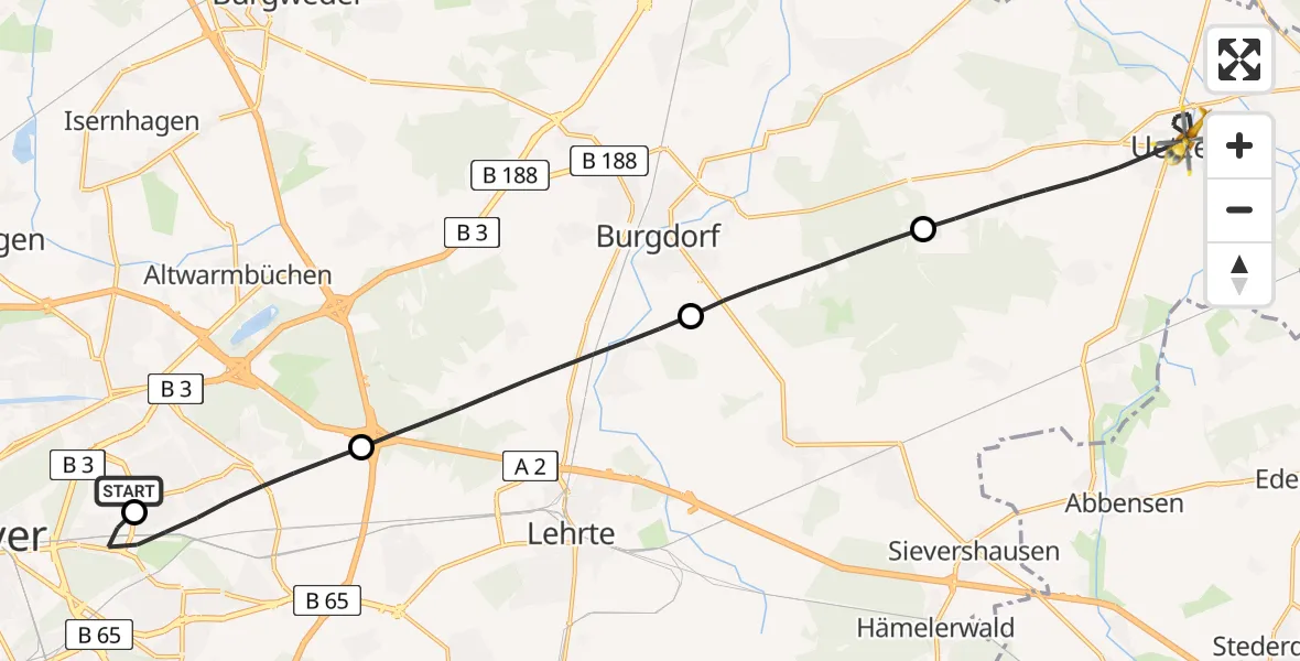 Flugroute Rettungshubschrauber Hannover Luftrettung Hubschrauberlandeplatz (Christoph 4) - Uetze, 08 Juni 2026, 11:08