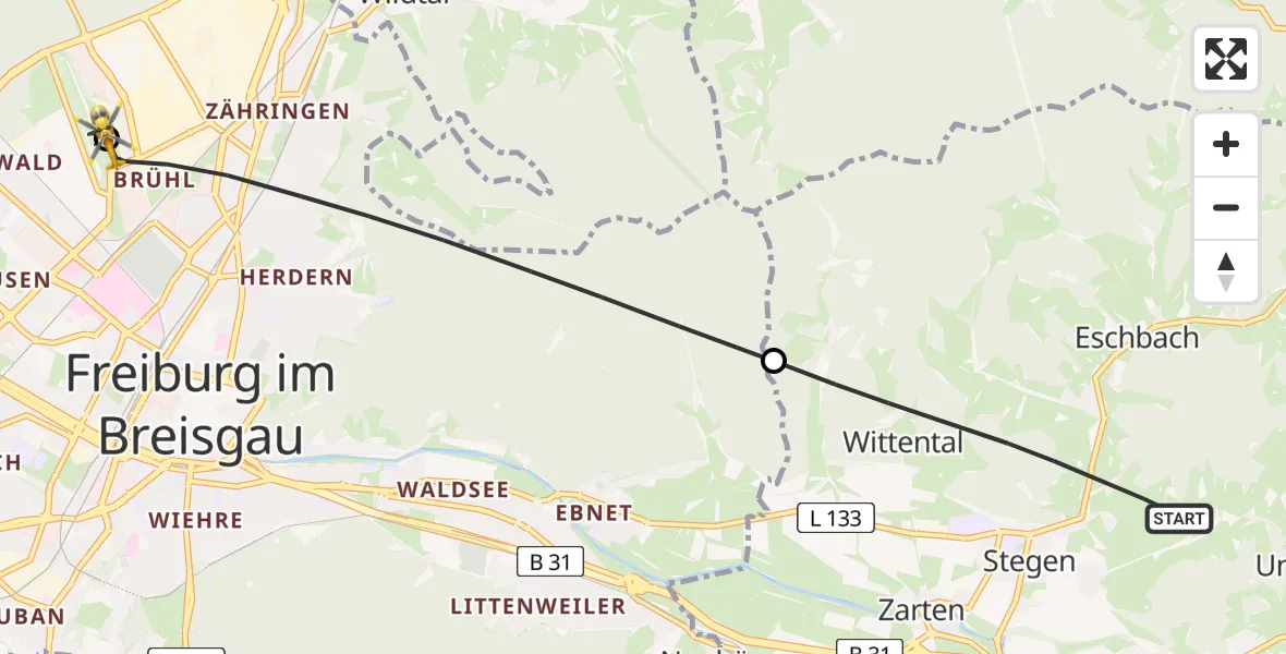 Flugroute Rettungshubschrauber Stegen - Freiburg im Breisgau Flugplatz, 08 Juni 2026, 11:15