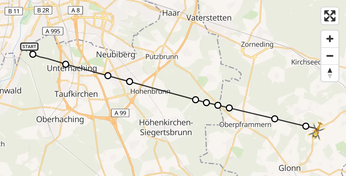 Flugroute Rettungshubschrauber ADAC Air Rescue Center Hubschrauberlandeplatz (Christoph 1) - Bruck, 08 Juni 2026, 11:18