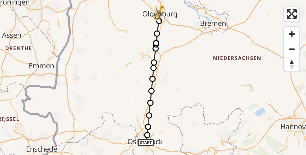 Flugroute Ambulanzhubschrauber Osnabrück - Oldenburg (Oldb), 08 Juni 2026, 11:25