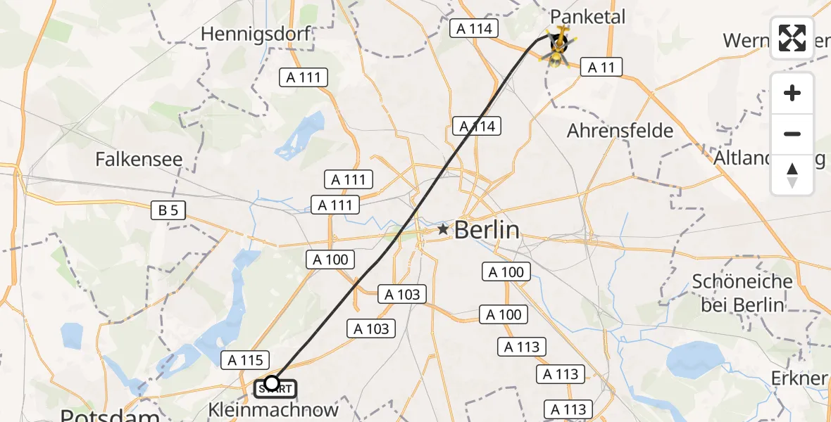 Flugroute Rettungshubschrauber Kleinmachnow - Helios Clinic Berlin-Buch, 08 Juni 2026, 11:27