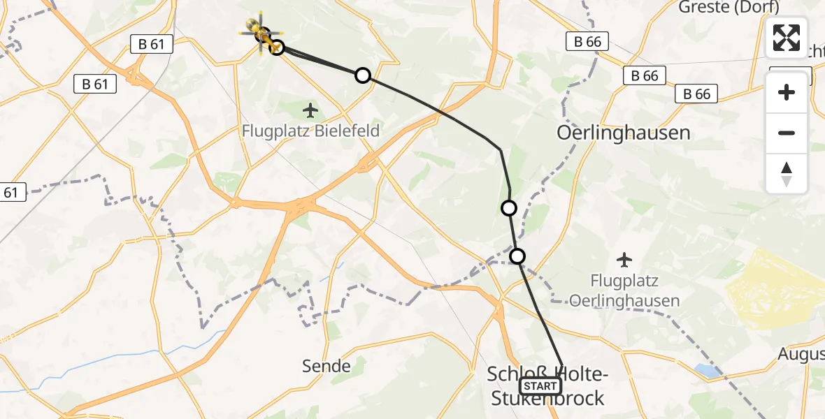 Flugroute Rettungshubschrauber Schloß Holte-Stukenbrock - Luftrettungszentrum Bielefeld, 08 Juni 2026, 11:36