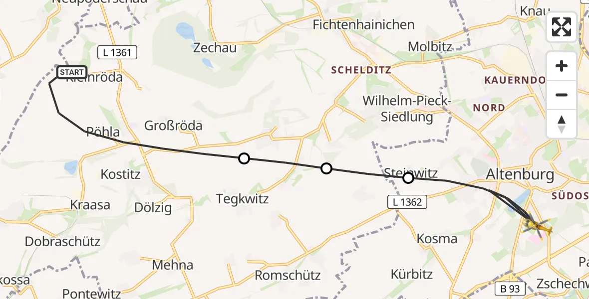 Flugroute Rettungshubschrauber Starkenberg - Altenburg, 08 Juni 2026, 11:37