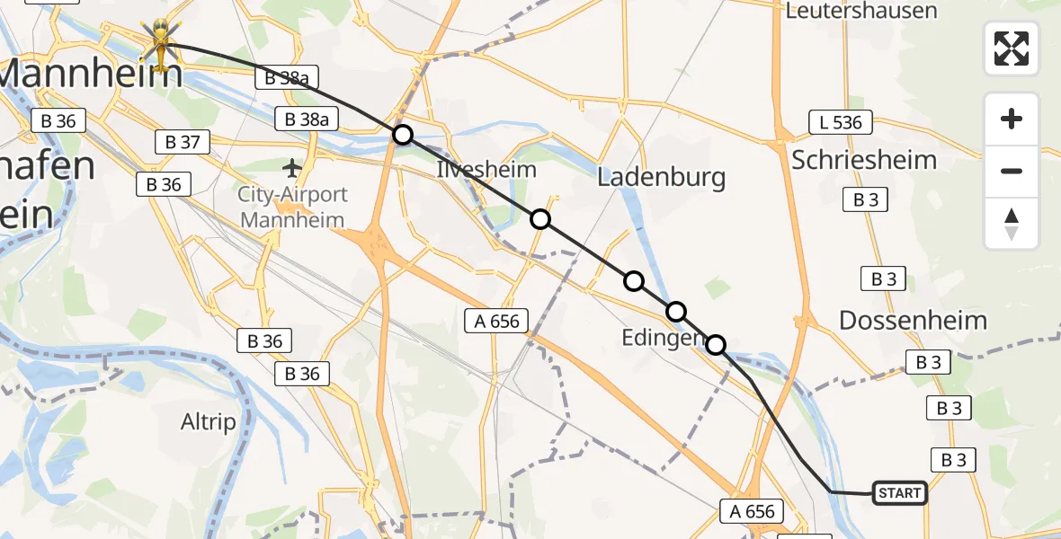 Flugroute Rettungshubschrauber Heidelberg - Mannheim, 08 Juni 2026, 11:39