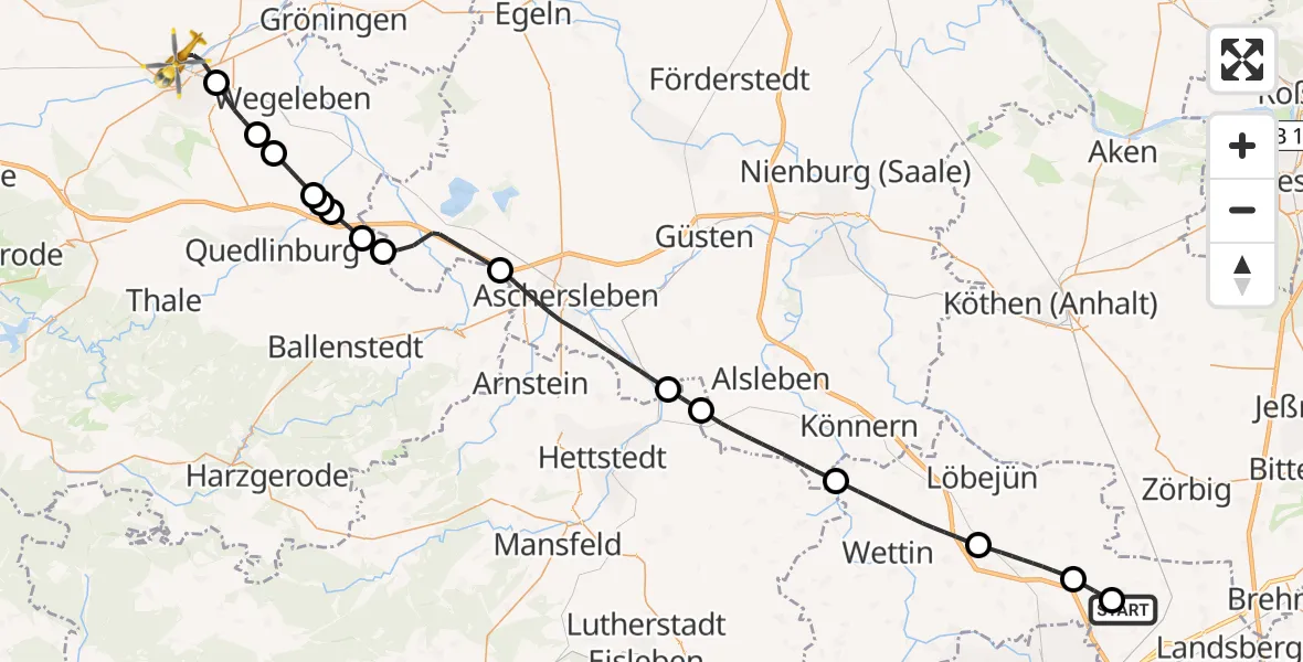 Flugroute Rettungshubschrauber Halle-Oppin Flugplatz - Halberstadt, 08 Juni 2026, 11:40
