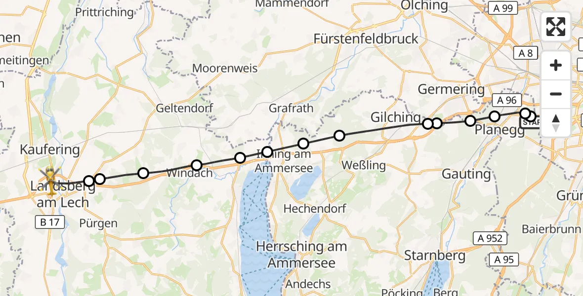Flugroute Rettungshubschrauber DRF Air Rescue München Hubschrauberlandeplatz - Landsberg am Lech, 08 Juni 2026, 11:41