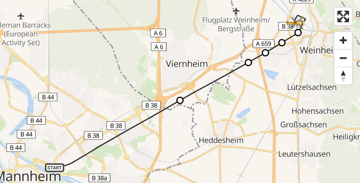 Flugroute Rettungshubschrauber Mannheim - Weinheim, 08 Juni 2026, 11:50