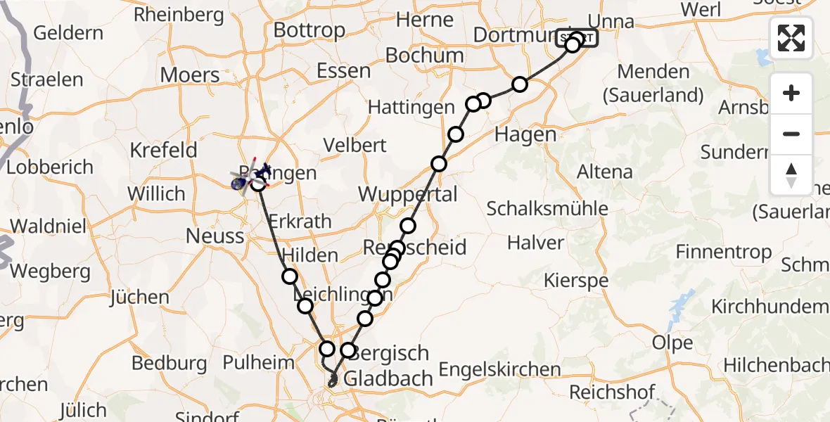 Flugroute Polizeihubschrauber Dortmund Flughafen - Düsseldorf Flughafen, 08 Juni 2026, 11:56