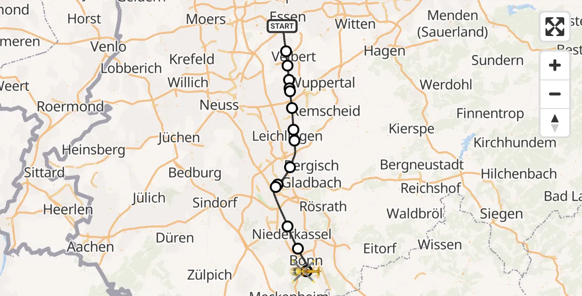 Flugroute Rettungshubschrauber Essen - Bonn University Hospital, 08 Juni 2026, 12:05
