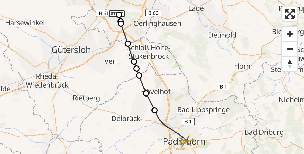 Flugroute Rettungshubschrauber Luftrettungszentrum Bielefeld - Paderborn, 08 Juni 2026, 12:17