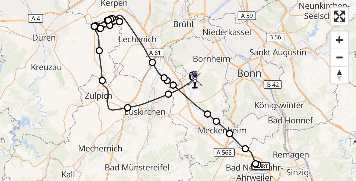 Flugroute Polizeihubschrauber Bad Neuenahr-Ahrweiler Flugplatz - Swisttal, 08 Juni 2026, 12:25
