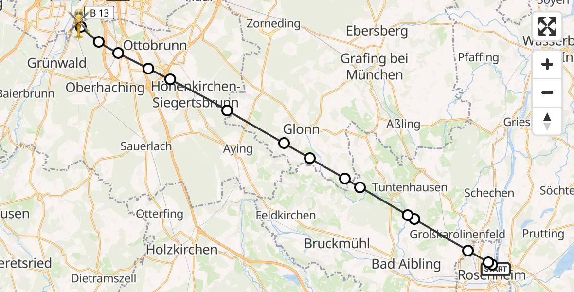 Flugroute Rettungshubschrauber RoMed Hospital Rosenheim - ADAC Air Rescue Center Hubschrauberlandeplatz (Christoph 1), 08 Juni 2026, 12:25