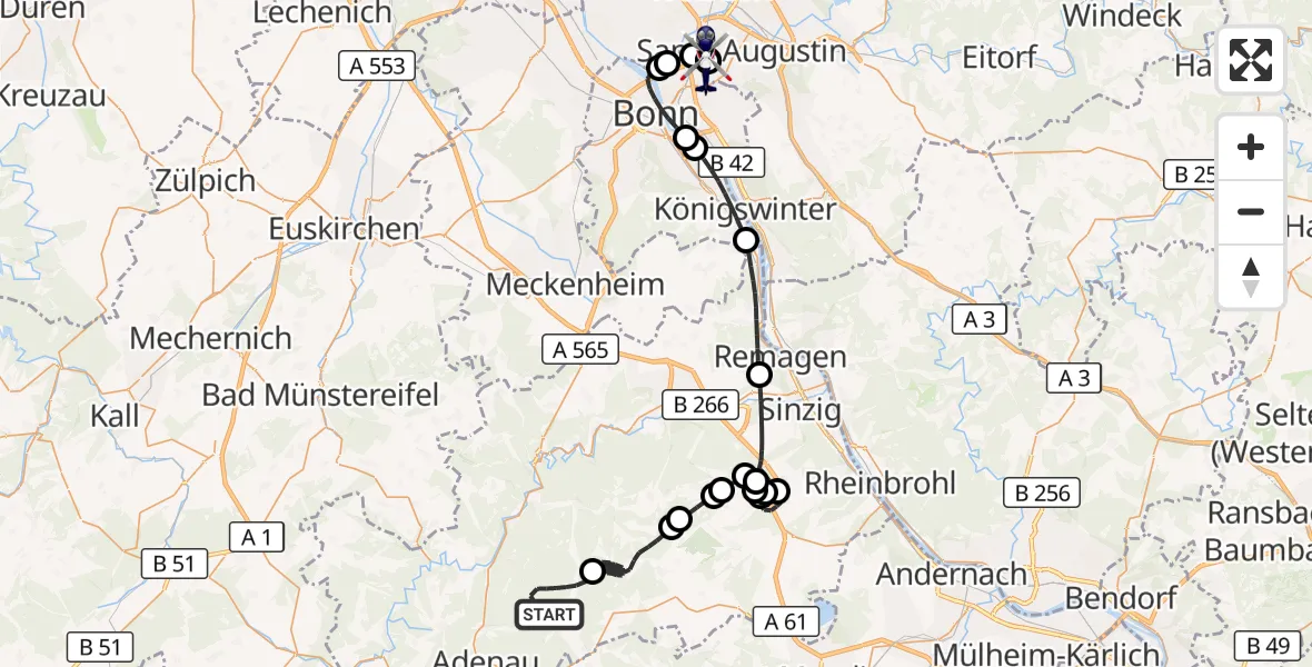 Flugroute Polizeihubschrauber Kaltenborn - Sankt Augustin, 08 Juni 2026, 12:36