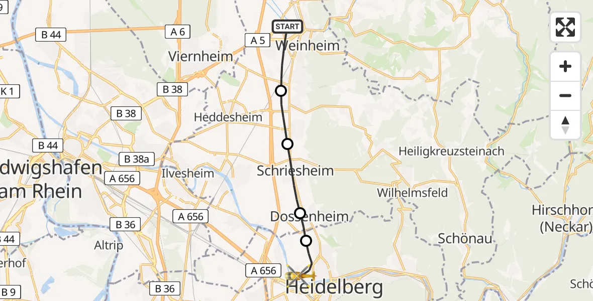 Flugroute Rettungshubschrauber Weinheim - Heidelberg, 08 Juni 2026, 12:45
