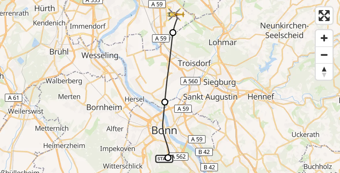 Flugroute Rettungshubschrauber Bonn University Hospital - Köln Bonn Flughafen, 08 Juni 2026, 12:52