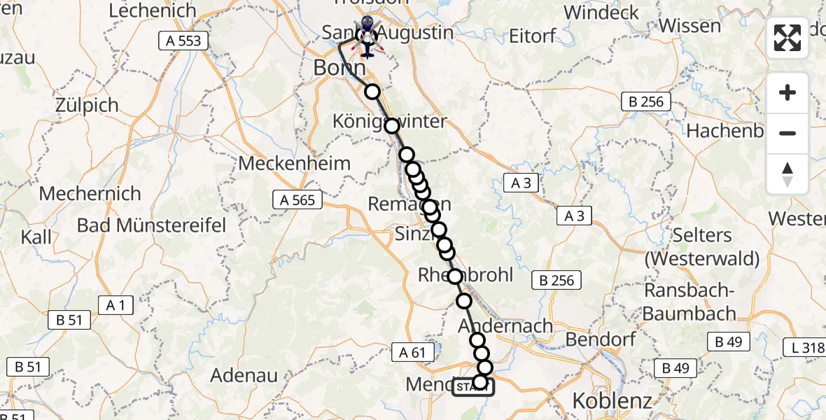 Flugroute Polizeihubschrauber Kruft - Sankt Augustin, 08 Juni 2026, 12:56