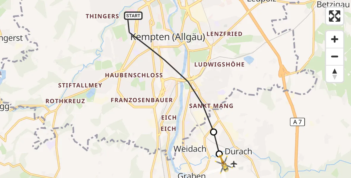 Flugroute Rettungshubschrauber Kempten (Allgäu) - Kempten-Durach Flugplatz, 08 Juni 2026, 12:57