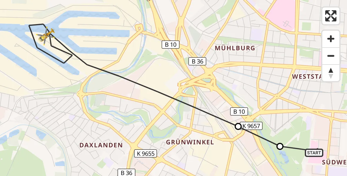 Flugroute Ambulanzhubschrauber Sankt Vincentius Hospital - Karlsruhe, 08 Juni 2026, 12:57