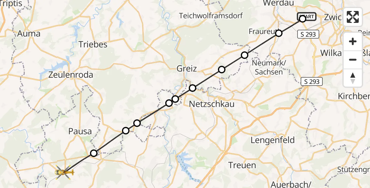 Flugroute Rettungshubschrauber ADAC Air Rescue Station Zwickau Hubschrauberlandeplatz - Rosenbach/Vogtl., 08 Juni 2026, 12:59