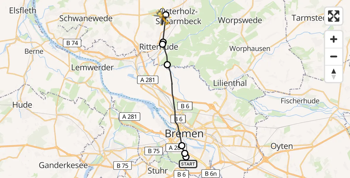 Flugroute Rettungshubschrauber ADAC Air Rescue Station Bremen Hubschrauberlandeplatz (Christoph 6) - Osterholz-Scharmbeck, 08 Juni 2026, 13:02