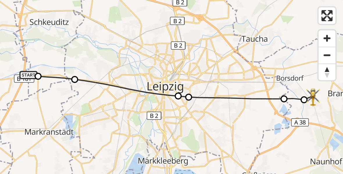 Flugroute Rettungshubschrauber ADAC Air Rescue Station Leipzig/Schkeuditz-Dölzig Hubschrauberlandeplatz (Christoph 61) - Brandis, 08 Juni 2026, 13:04