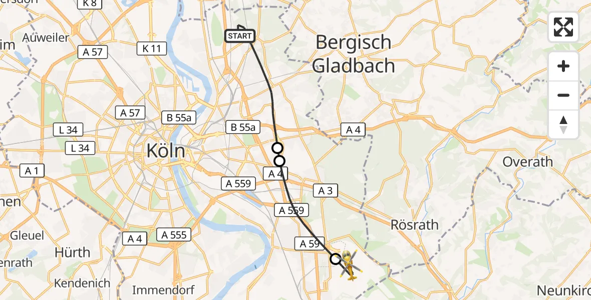 Flugroute Rettungshubschrauber Köln - Köln Bonn Flughafen, 08 Juni 2026, 13:07