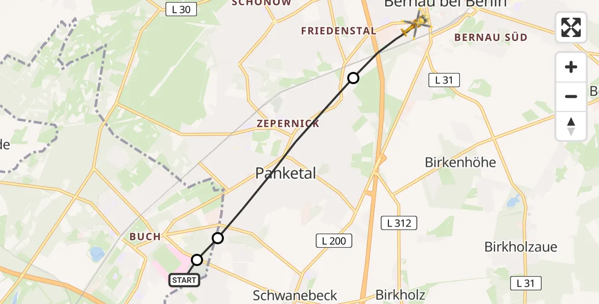 Flugroute Rettungshubschrauber Helios Clinic Berlin-Buch - Bernau bei Berlin, 08 Juni 2026, 13:12