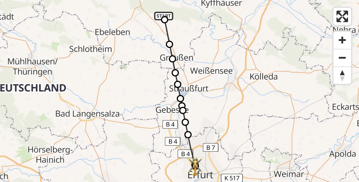 Flugroute Ambulanzhubschrauber Sondershausen - Helios Clinic Erfurt, 08 Juni 2026, 13:17
