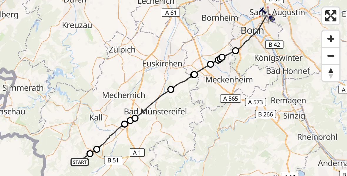 Flugroute Polizeihubschrauber Hellenthal - Sankt Augustin, 08 Juni 2026, 13:19