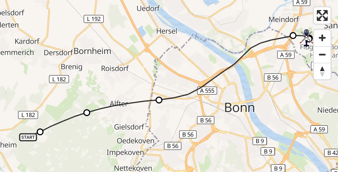Flugroute Polizeihubschrauber Swisttal - Sankt Augustin, 08 Juni 2026, 13:20