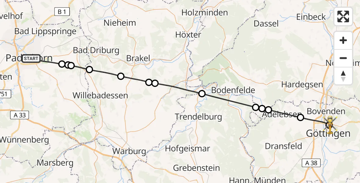 Flugroute Rettungshubschrauber Paderborn - Göttingen University Clinic Hubschrauberlandeplatz, 08 Juni 2026, 13:23