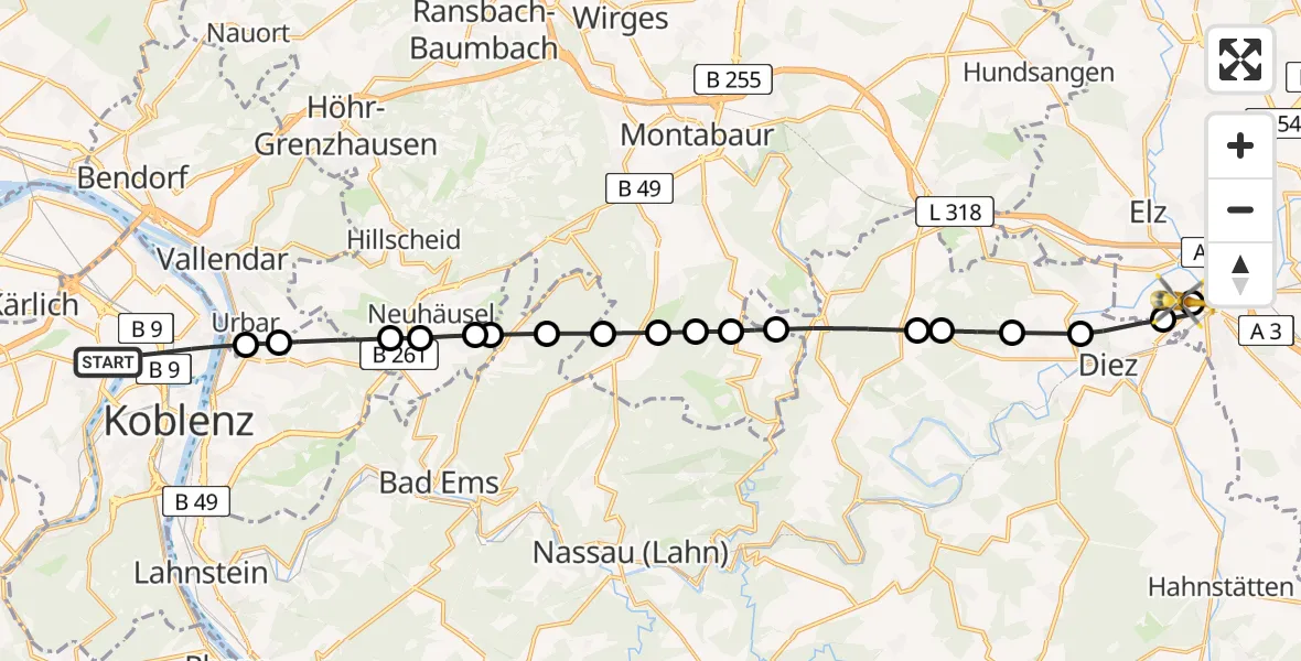 Flugroute Rettungshubschrauber Koblenz - Saint Vincent Hospital Limburg, 08 Juni 2026, 13:25